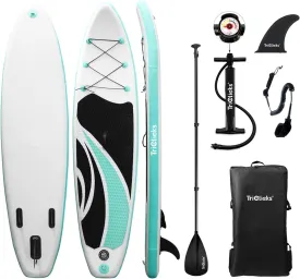 10ft Stand Up Paddle Boards Inflatable SUP Board Surfboard - Beginner's Kit. Adjustable Paddle, Air Pump with Pressure Guage, Fin, Repair Kit, Premium Leash & Rucksack (Style 7)