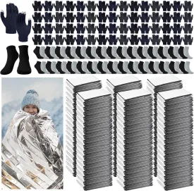 180 Pcs Winter Emergency Thermal Set Emergency Thermal Blankets Warm Socks Touchscreen Gloves Bulk Space Blanket Survival Kit for Cold Weather Outdoor Camping Hiking for Men Women