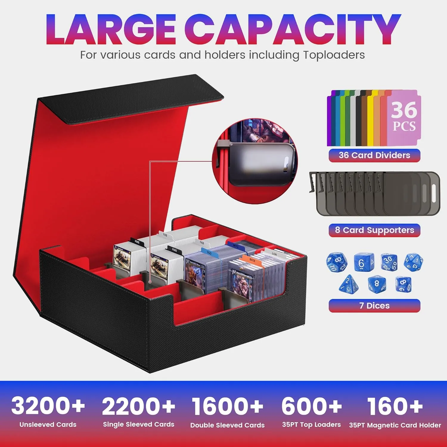3500  Trading Card Storage Box,4-Row MTG Deck Box with 36 Dividers & 8 Stoppers,Commander Deck Case Fits For Toploaders, Magnetic Card Holder,TCG,YugiOh and Sport Cards