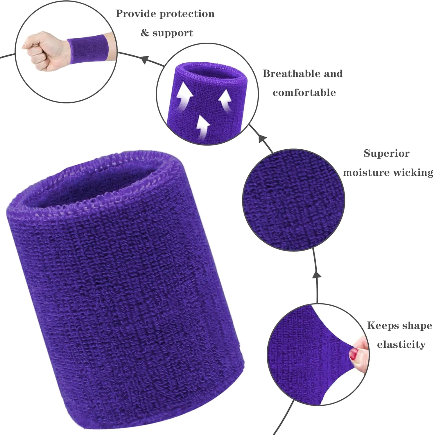 6 Pack 4 Inch Wrist Sweatbands Tennis Wrist Bands Absorbent Sweat Band for Men and Women, Breathable Cotton Sweatbands for Work Out, Football, Basketball, Running Athletic Sports