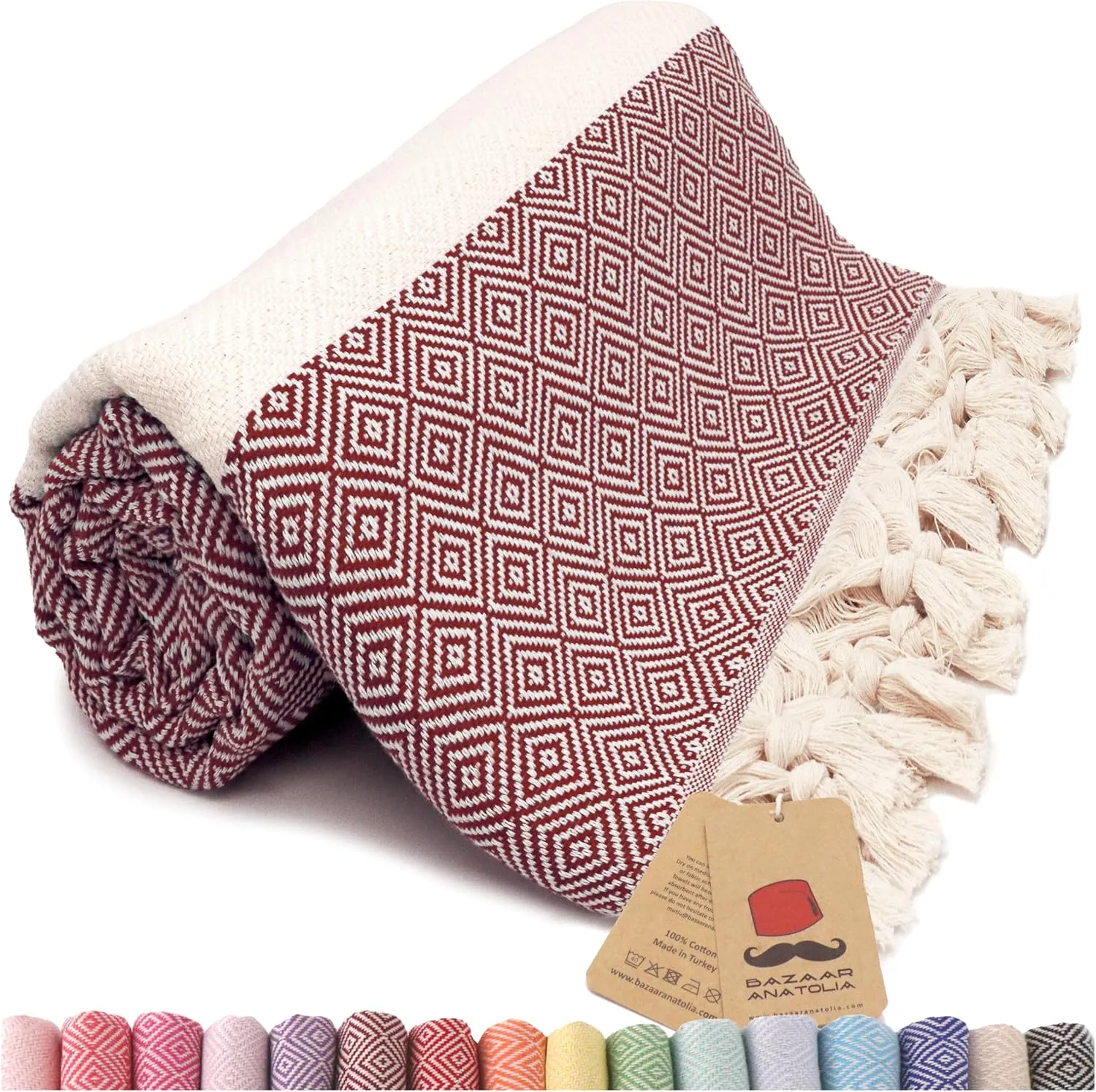 Bazaar Anatolia Turkish Beach Towel 100% Cotton Bath Towels Oversized Quick Dry Boho Farmhouse Decor Sheets Bathroom Sand Free Camping Blanket Burgundy Towels 71x39 inches - Diamond Maroon