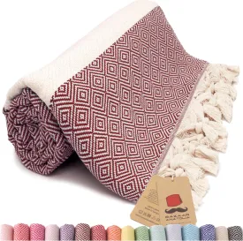 Bazaar Anatolia Turkish Beach Towel 100% Cotton Bath Towels Oversized Quick Dry Boho Farmhouse Decor Sheets Bathroom Sand Free Camping Blanket Burgundy Towels 71x39 inches - Diamond Maroon