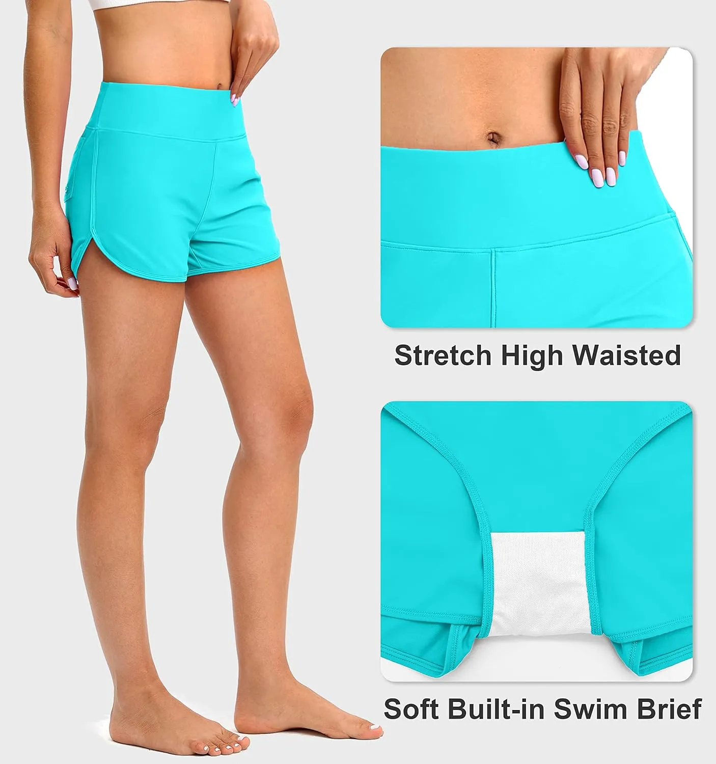 Blouty Women's Swim Board Shorts with Pockets High Waisted Tummy Control Swimsuit Bathing Shorts for Women with Liner