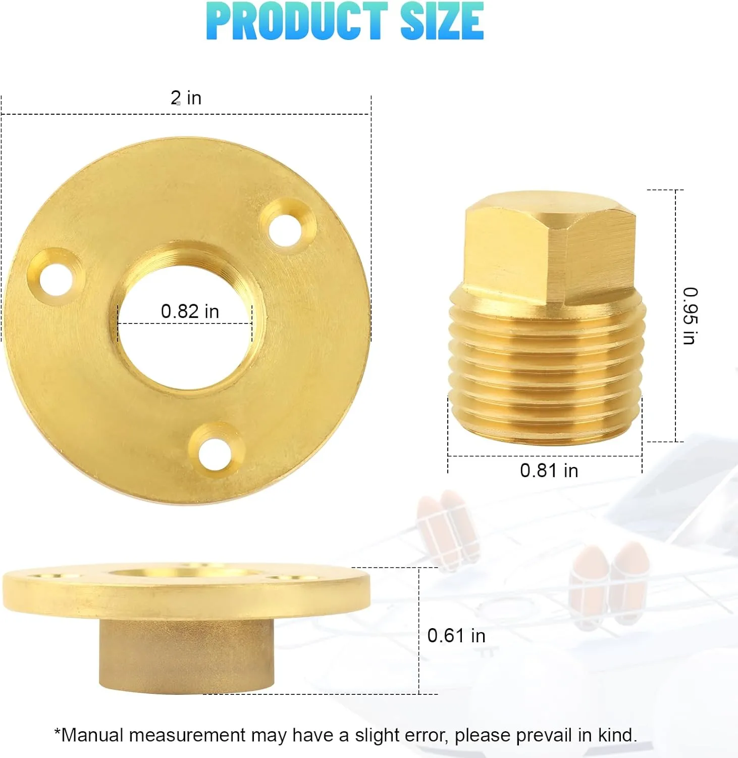 Brass Boat Drain Plug Kit Boat Plug Kit 1/2" for Transom Threaded Boat Plug for Marine Boat Garboard Transom Scuttle - 2 Pack