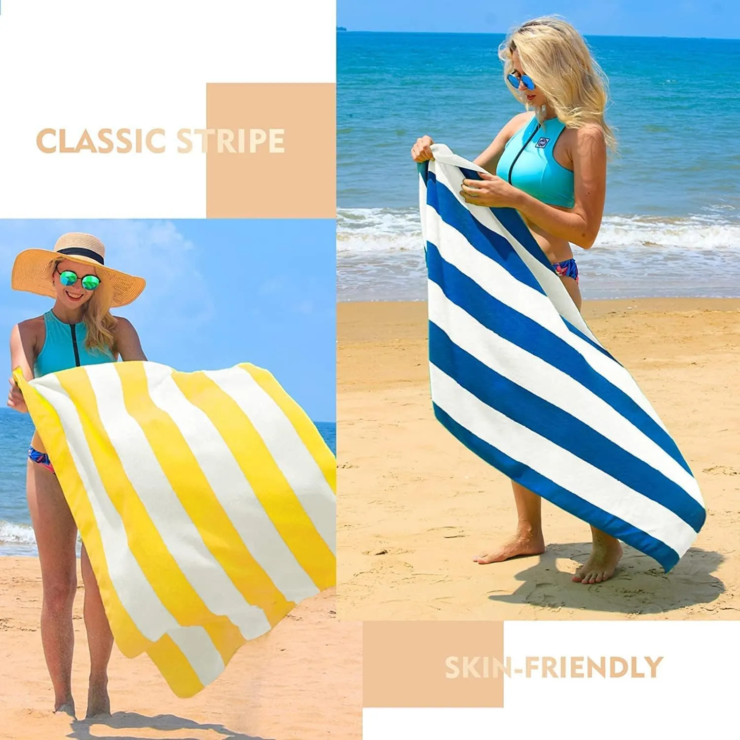 Exclusivo Mezcla 4 Pack Cotton Large 30x60 Inches Soft Cabana Stripe Thick Beach Towel, Super Absorbent Travel Bath Pool Towel (Ocean Blue)