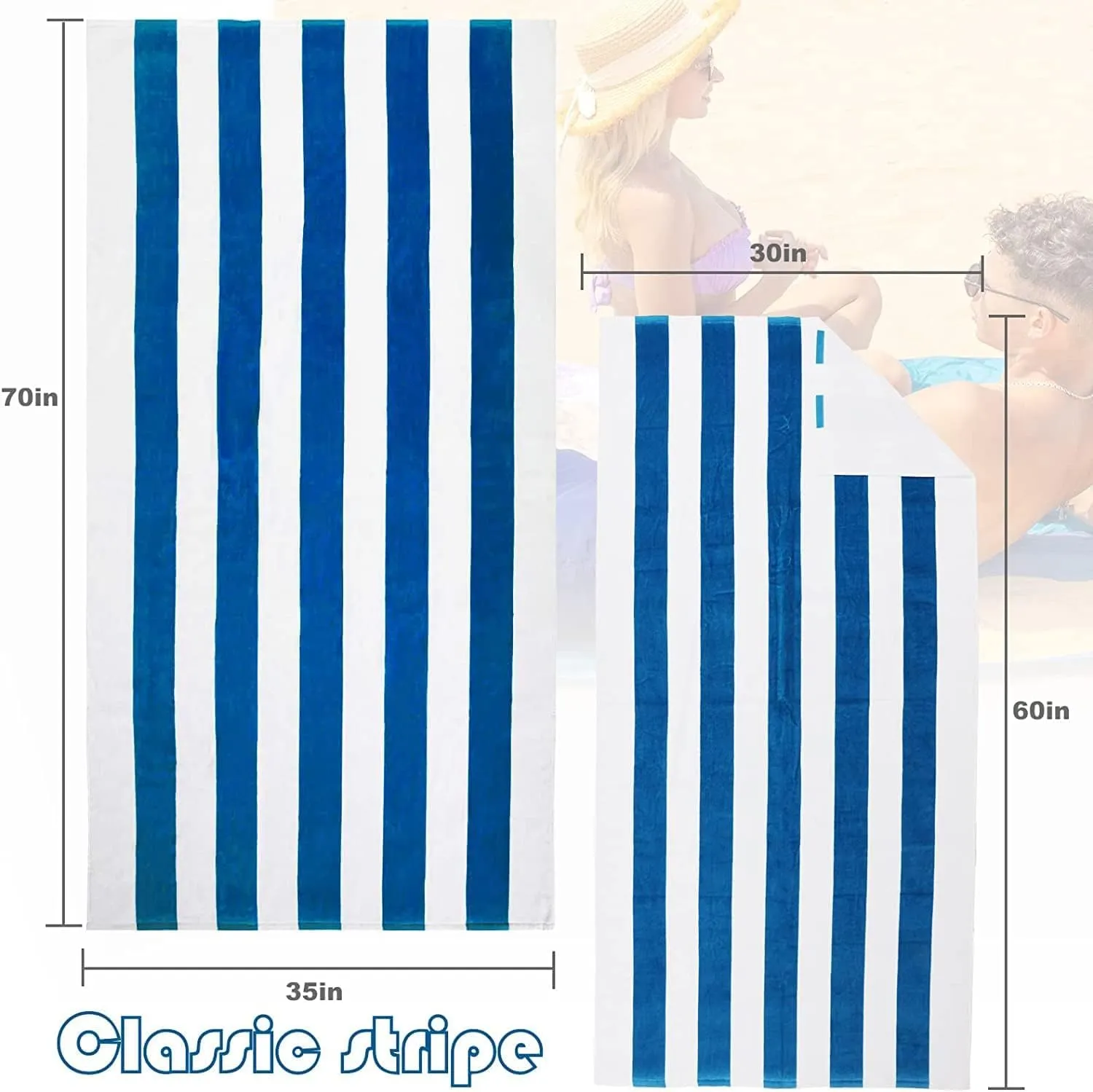 Exclusivo Mezcla 4 Pack Cotton Large 30x60 Inches Soft Cabana Stripe Thick Beach Towel, Super Absorbent Travel Bath Pool Towel (Ocean Blue)