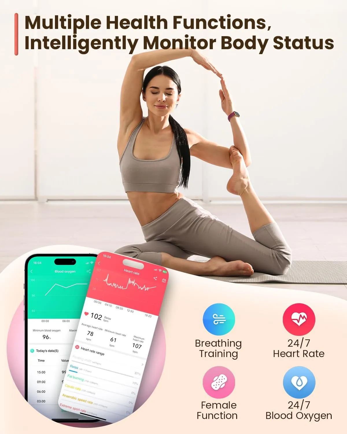 Fitness Tracker, 24/7 Heart Rate Monitor Watch, 1.47" Fitness Watches for Women with 24 Sport Modes, Androdi Smart Watches for Women/Men, IP68 Step Tracker, Pedometer, Gift