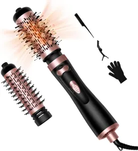 Hair Dryer Brush, 3-in-1 Rotating Round Hot Air Spin Brush Set with 2 Brushes (2" & 1.5"), Negative Ionic Blow Volumizer, 2 Detachable Auto-Rotating Curling Brush