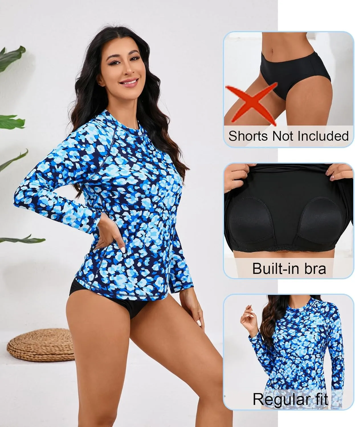 Halcurt Womens Long Sleeve Rash Guard Swim Top with Built in Bra UPF50  Sun Protection Swim Shirts Quick Dry Swimsuit