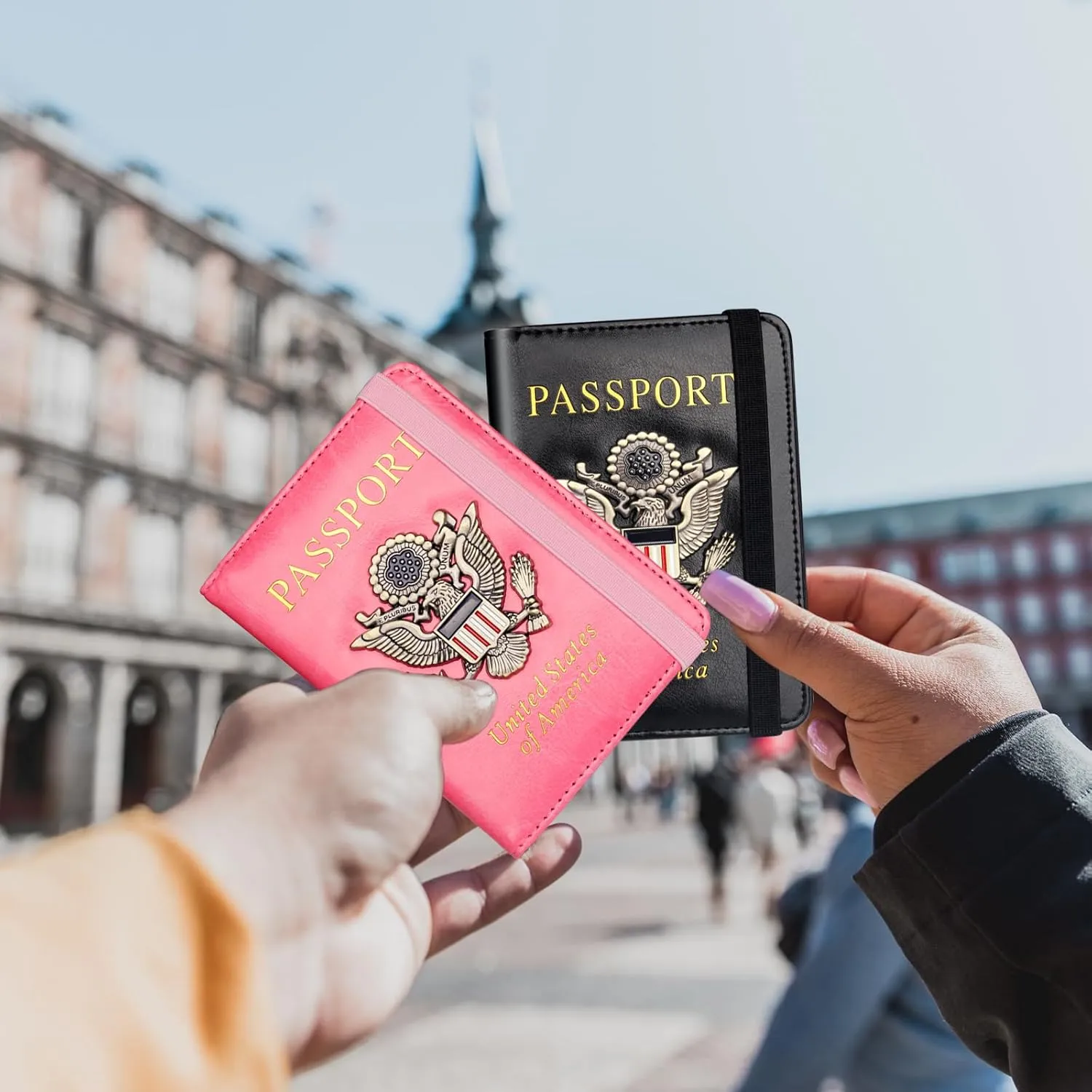 Herain Passport Holder Wallet Cover Case for Women Men Family, Metal US Badge Passport Book Holders with RFID Blocking, Travel Must Haves Cruise Ship Essentials (pink)