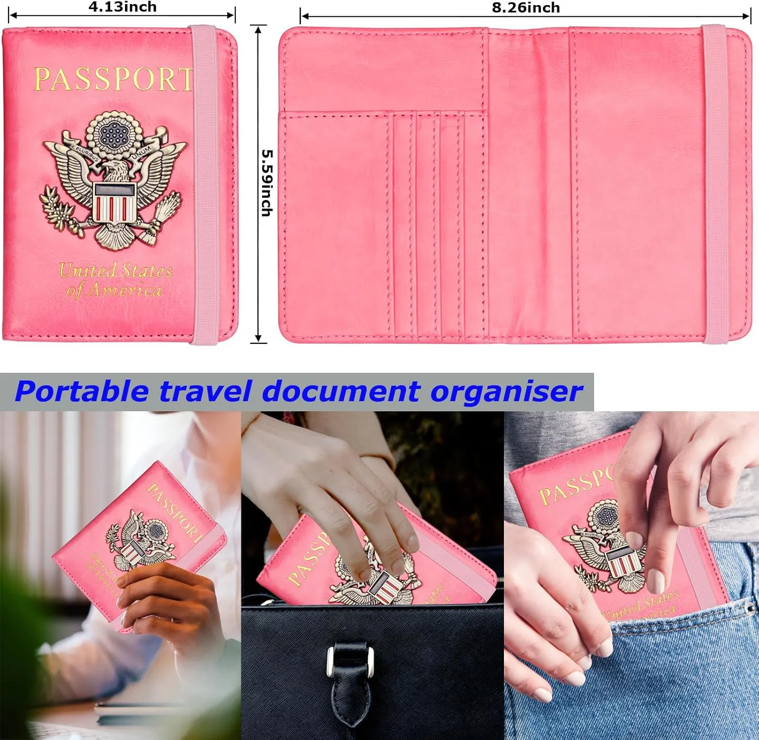 Herain Passport Holder Wallet Cover Case for Women Men Family, Metal US Badge Passport Book Holders with RFID Blocking, Travel Must Haves Cruise Ship Essentials (pink)