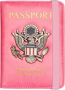 Herain Passport Holder Wallet Cover Case for Women Men Family, Metal US Badge Passport Book Holders with RFID Blocking, Travel Must Haves Cruise Ship Essentials (pink)