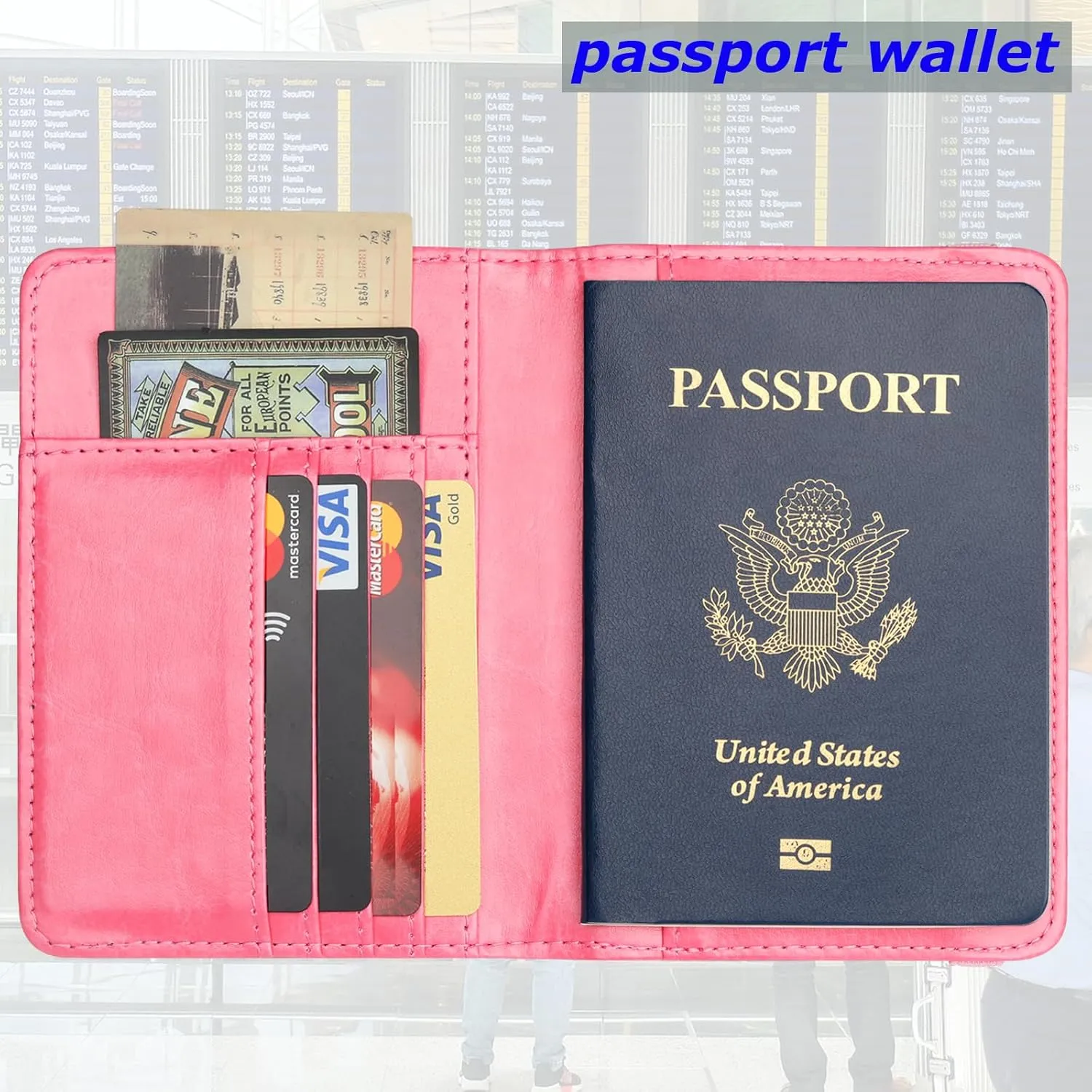 Herain Passport Holder Wallet Cover Case for Women Men Family, Metal US Badge Passport Book Holders with RFID Blocking, Travel Must Haves Cruise Ship Essentials (pink)