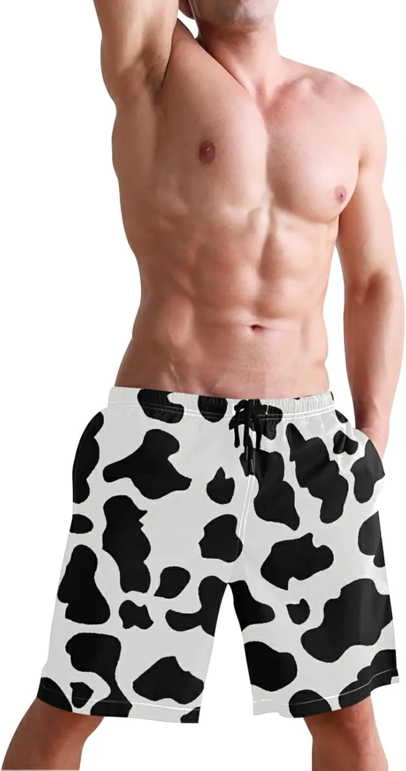 Men's Cow Print Shorts Drawstring Swim Trunks with Pockets and Mesh Lining
