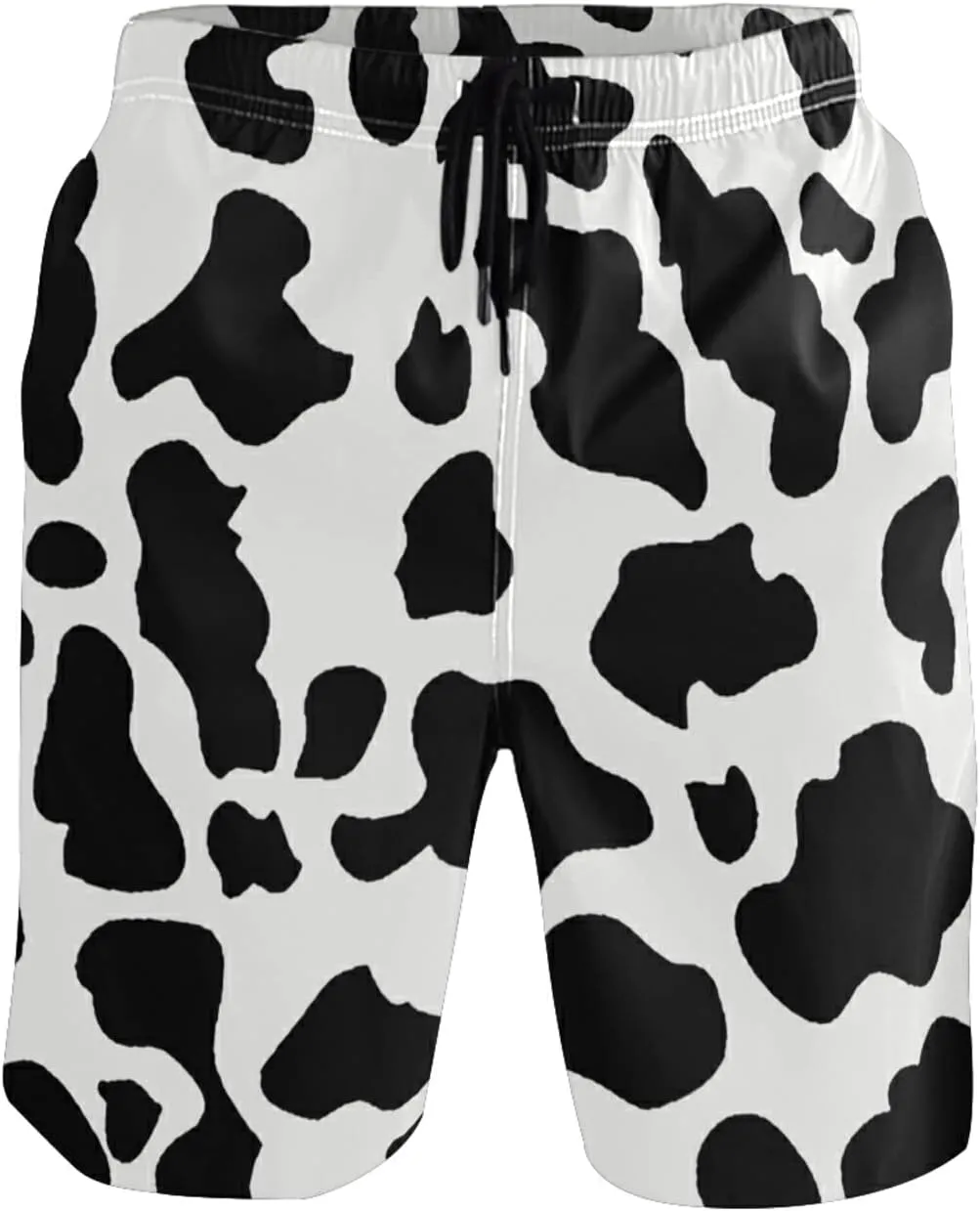 Men's Cow Print Shorts Drawstring Swim Trunks with Pockets and Mesh Lining