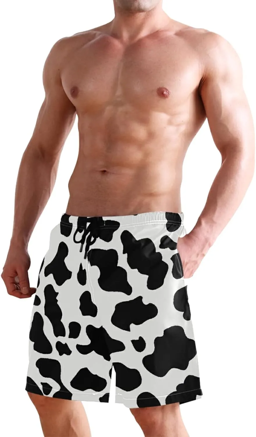 Men's Cow Print Shorts Drawstring Swim Trunks with Pockets and Mesh Lining