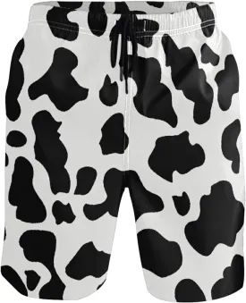 Men's Cow Print Shorts Drawstring Swim Trunks with Pockets and Mesh Lining