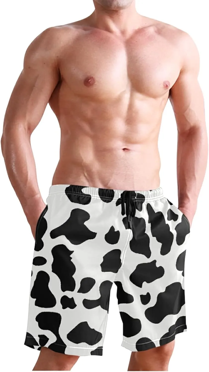 Men's Cow Print Shorts Drawstring Swim Trunks with Pockets and Mesh Lining