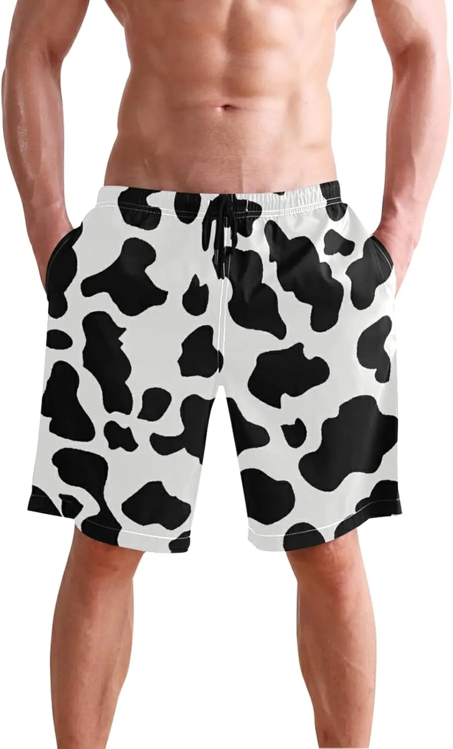 Men's Cow Print Shorts Drawstring Swim Trunks with Pockets and Mesh Lining