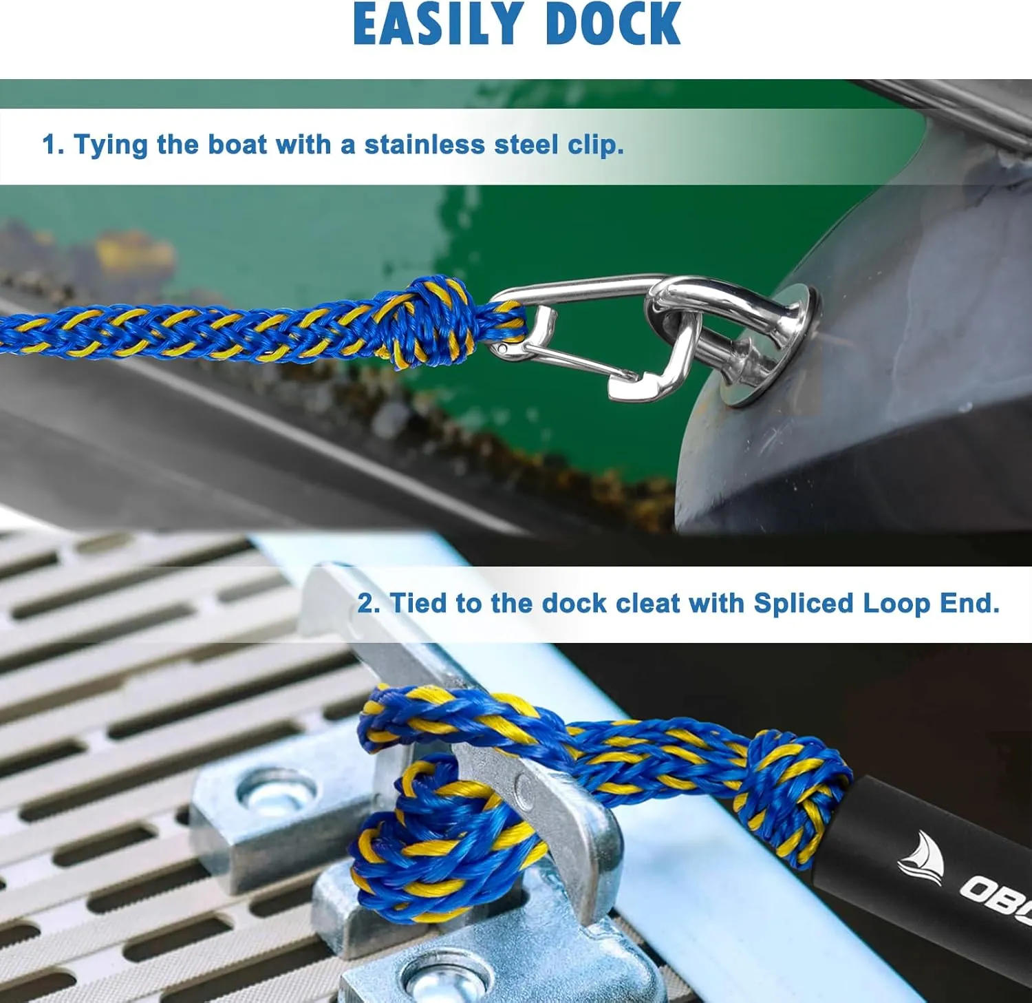 Obcursco PWC Boat Dock Lines 1/2x (7ft & 14ft), Jet Ski Mooring Dock Line Tie Pontoon Accessories for Waverunner, Kayak Tow Lines with 316 Stainless Steel Clip (Yellow/Blue)