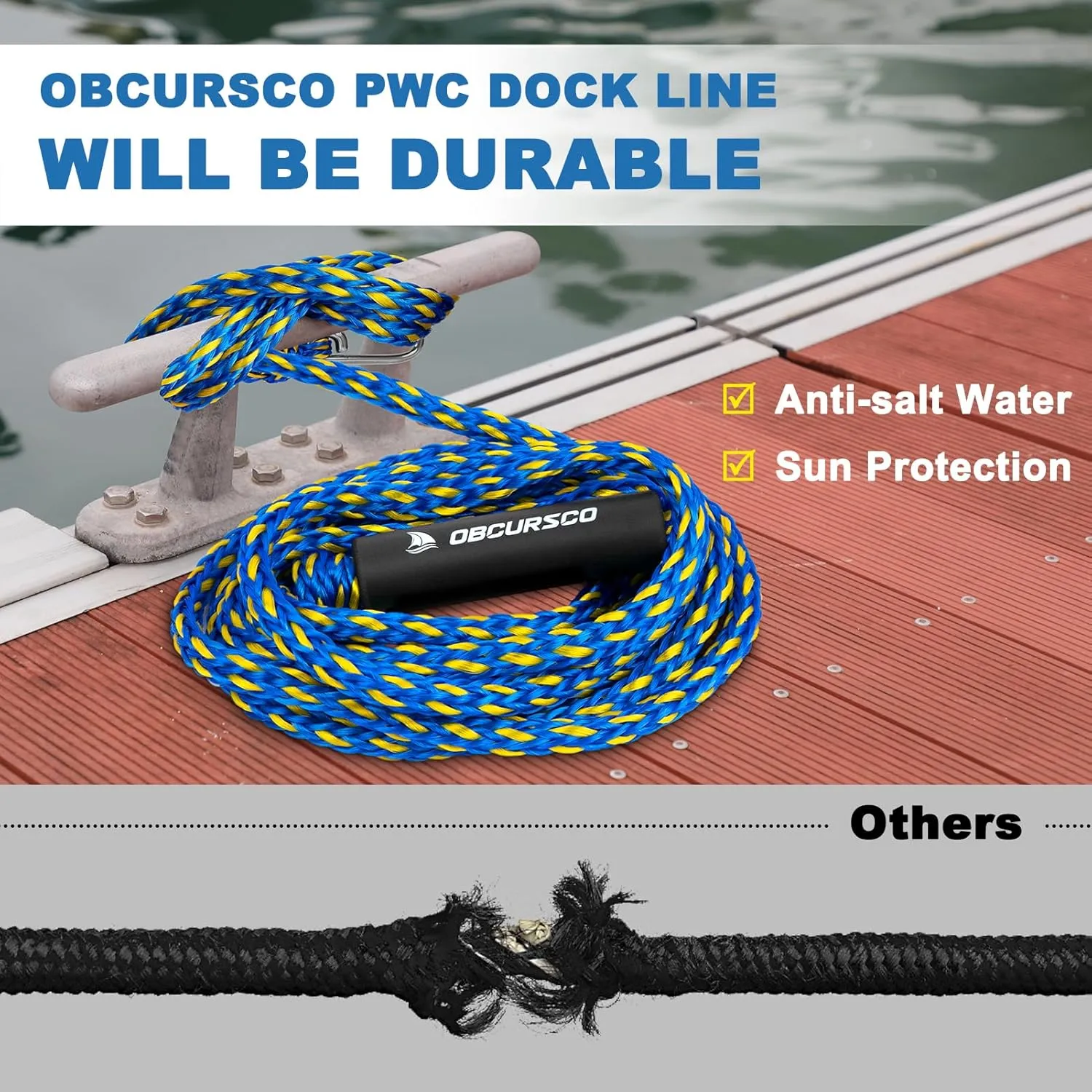 Obcursco PWC Boat Dock Lines 1/2x (7ft & 14ft), Jet Ski Mooring Dock Line Tie Pontoon Accessories for Waverunner, Kayak Tow Lines with 316 Stainless Steel Clip (Yellow/Blue)