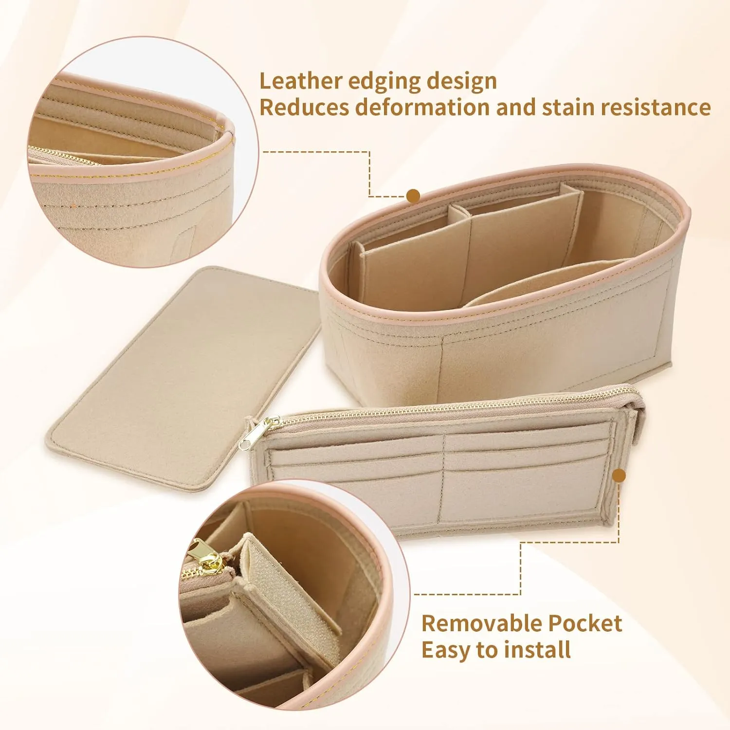 Purse Organizer & Base Shaper Fit Speedy 25 & Neverfull PM, Goyards, MK,Longchamps More,Felt Bag Organizer Insert for Handbags with Metal Zipper [Bag in Bag] (Medium, Beige)