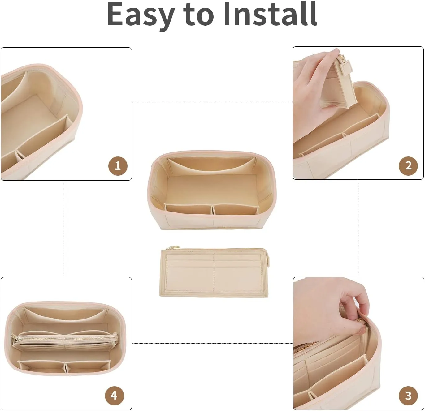 Purse Organizer & Base Shaper Fit Speedy 25 & Neverfull PM, Goyards, MK,Longchamps More,Felt Bag Organizer Insert for Handbags with Metal Zipper [Bag in Bag] (Medium, Beige)