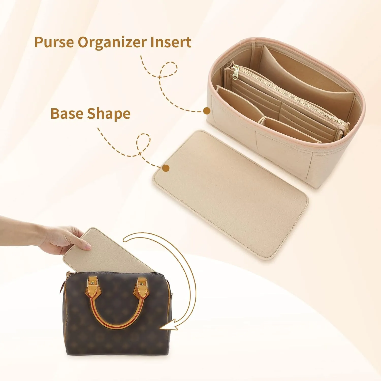 Purse Organizer & Base Shaper Fit Speedy 25 & Neverfull PM, Goyards, MK,Longchamps More,Felt Bag Organizer Insert for Handbags with Metal Zipper [Bag in Bag] (Medium, Beige)