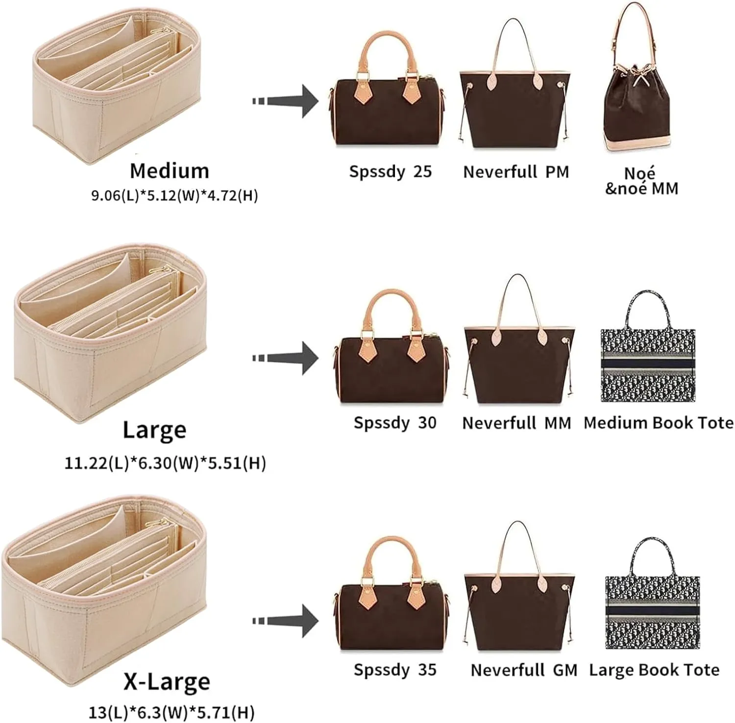 Purse Organizer & Base Shaper Fit Speedy 25 & Neverfull PM, Goyards, MK,Longchamps More,Felt Bag Organizer Insert for Handbags with Metal Zipper [Bag in Bag] (Medium, Beige)