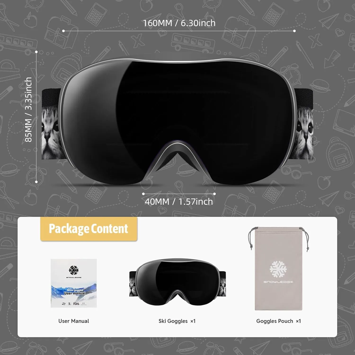 Snowledge Kids Ski Goggles Snow Goggles for Children, Youth, Teens, Small Head Mens Womens Anti-Fog/UV400 Protection