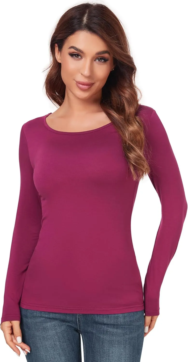 Women's Scoop Neck Tops Long Sleeve Slim Fit T Shirt Thermal Blouse Basic Layer Shirts