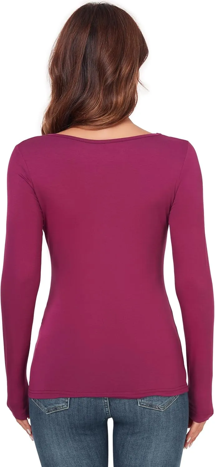 Women's Scoop Neck Tops Long Sleeve Slim Fit T Shirt Thermal Blouse Basic Layer Shirts